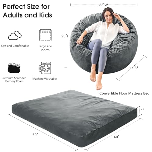 Adult Charcoal Bean Bag Chair Bed - Convertible Floor Sofa with Support & Soft Cover