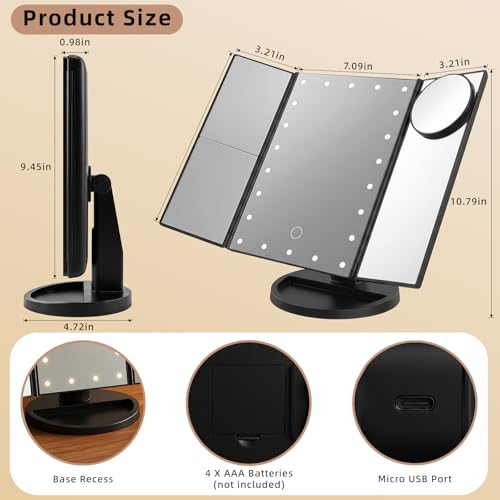 Black Lighted Makeup Mirror with Magnification Tri-Fold LED Vanity Mirror