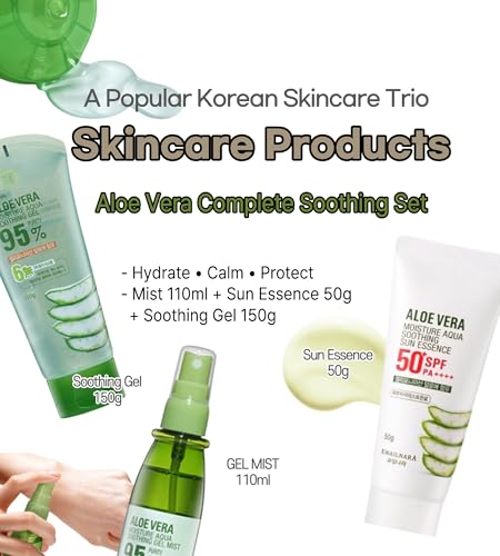 Aloe Vera Skincare Set with Soothing Gel, Facial Mist & SPF50+ Sunscreen – Hydrating Travel Kit