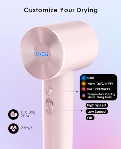 OSOU Pink Hair Dryer with Diffuser for Curly Hair, Ionic, Fast Drying, Lightweight Travel Blow Dryer