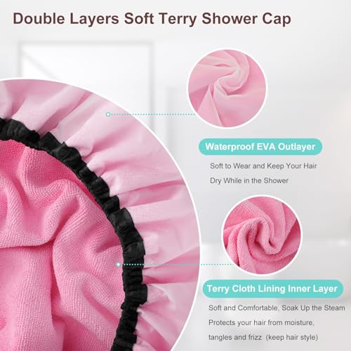 Pink & Purple XXL Adjustable Terry Cloth Shower Cap for Long Hair & Braids - Waterproof Reusable Dreadlocks Cap