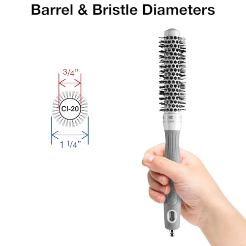 Olivia Garden Ceramic Ion Round Thermal Hair Brush 20mm White/Grey - Not Electrical, Professional Blowout Tool for Thick Hair