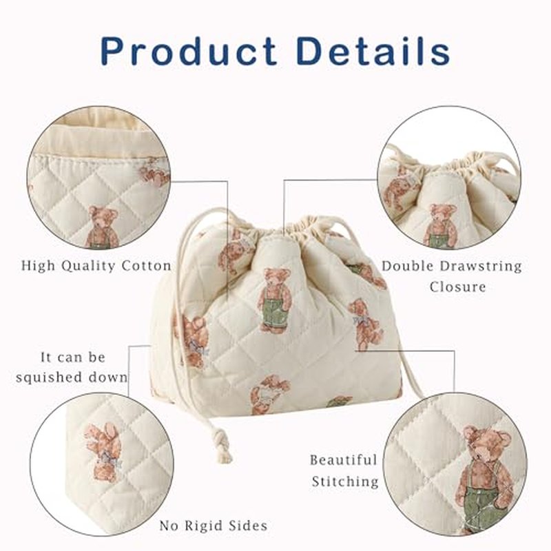 3pcs Large Cotton Quilted Makeup Bag Set,Coquette Aesthetic Cute Travel Toiletry Bag,Drawstring Gift Bag for Women and Girls(3Pcs White Bear)