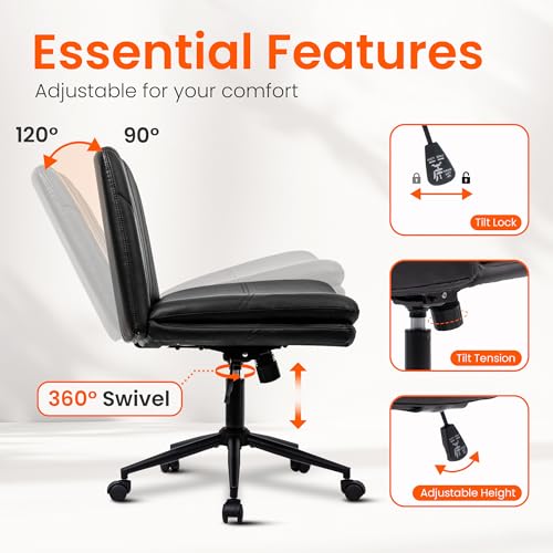 Orange Factory Criss Cross Chair Black PU Wide Leather Vanity Desk Seat - Adjustable Swivel