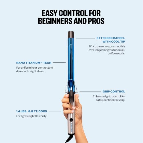BaBylissPRO Nano Titanium 1 Inch Curling Iron with Long Blue Barrel for Long Hair