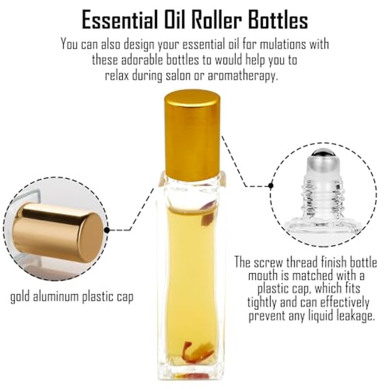 100 Pcs 10 ml Roller Bottles for Essential Oils, Square Thick Empty Glass Roller Bottles with Stainless Steel Roller Balls Protection Leakproof with 5 Funnel for Travel