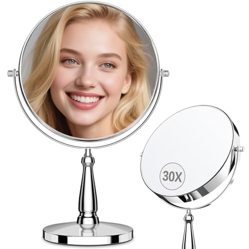 Silver 30X Magnifying Vanity Mirror with Stand - 8 Inch Double-Sided Makeup Mirror for Desk & Home