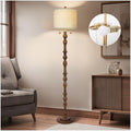 Dark Brown Natural Wood Floor Lamp with Linen Shade & Dual Pull Chain Switch