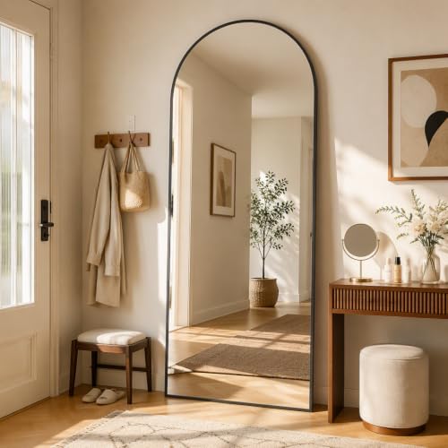 Easly 65x24 Black Arched Floor Mirror with Stand - Full-Length Wall Mirror, Aluminum Frame