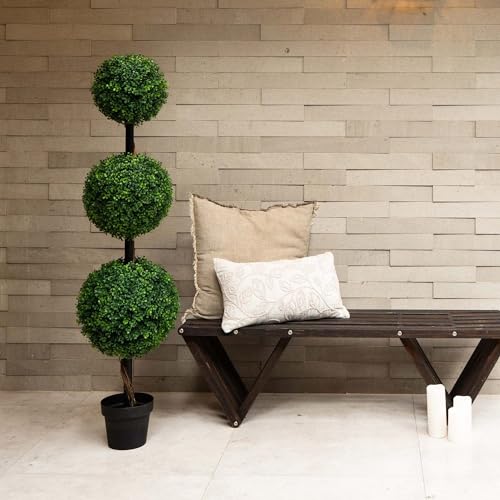 Nearly Natural 4 ft Artificial Triple Ball Boxwood Topiary Tree with Pot - Green