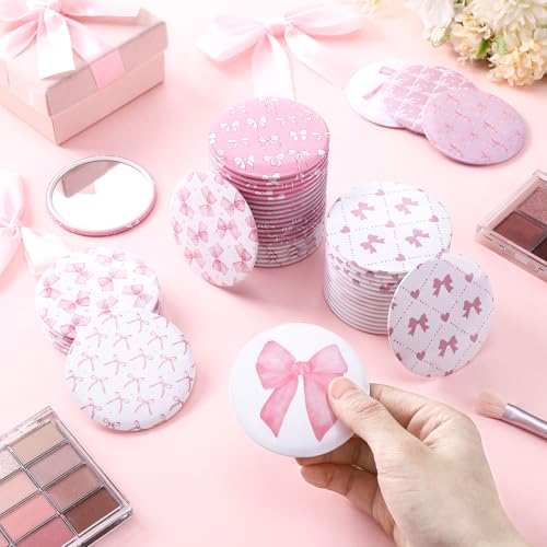 Namalu 48 Pcs Pink Bow Party Favors Pink Bow Coquette Mini Pocket Mirrors Inspirational Christian Gifts Bulk for Women Portable Round Makeup Mirror Church Religious(Cute Style)