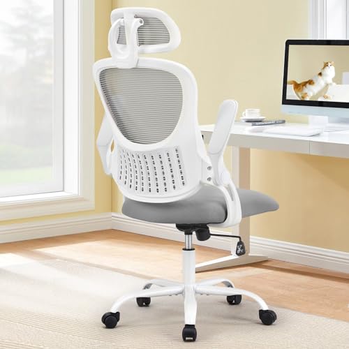 Sweetcrispy Grey Mesh Ergonomic Office Chair with Lumbar Support and Flip-Up Armrests