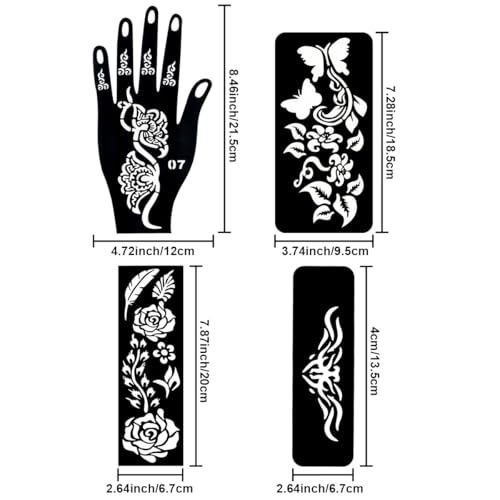 Temporary Tattoo Henna Kit Safe & Easy Fake 12 Bottles 11 Colors Ink 18 Big Pcs Stencils for Adults/Kids-fake tattoos (Black¡¿2, Red, Green, Purple, Orange, Navy Blue, Brown, Pink, Grey, Yellow)