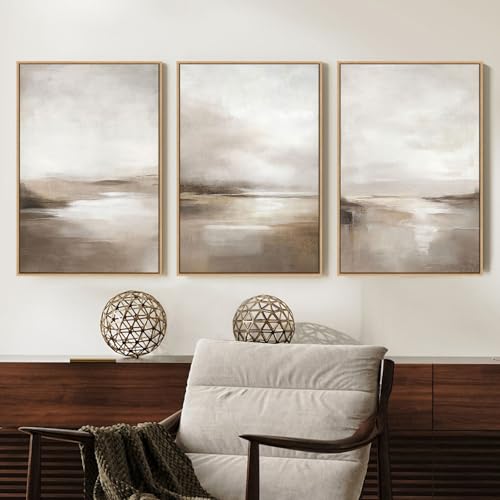 Neutral Abstract Landscape Wall Art Set - 3 Panels 16x24 Inches Framed