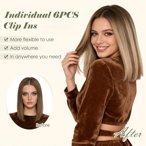 Clip-In Hair Extensions 6PCS Short Straight Balayage Highlights Dark Brown & Light Brown - 12 Inch