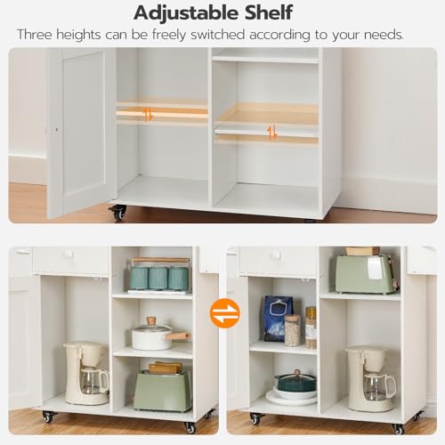 White & Natural Kitchen Island with Storage Drawer & Spice Rack - Mobile Kitchen Cart with Lockable Wheels