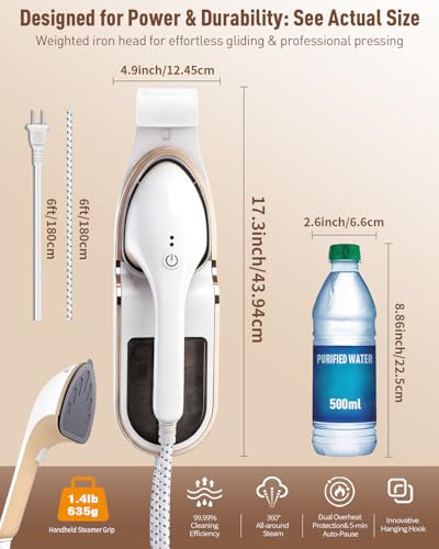 Hanging Garment Steamer 2-in-1 Handheld & Iron, 1500W Leak-Proof Clothes Steamer