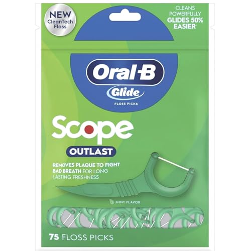 Oral B Glide Dental Floss Picks with Scope Outlast Mint 75 Count - New Version, Pack of 6