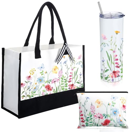 Hosuly 3 Pcs Floral Canvas Tote Bag Vintage Flower Makeup Pouch Wildflower Travel Tumbler for Women Teacher Birthday Wedding
