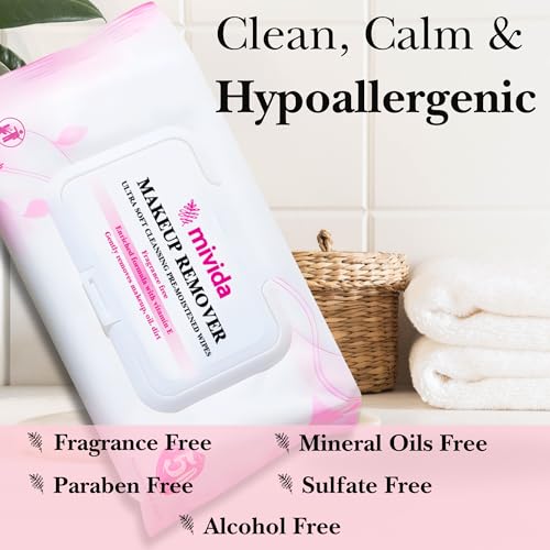 mivida Hypoallergenic Makeup Remover Wipes with Vitamin E 5x50 count Total 250 bulk makeup removing wipes | For Sensitive Skin | Fragrance Free | Alcohol Free