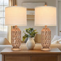 Set of 2 Rattan & Fabric Drum Shade Table Lamps - Boho Coastal Home Decor