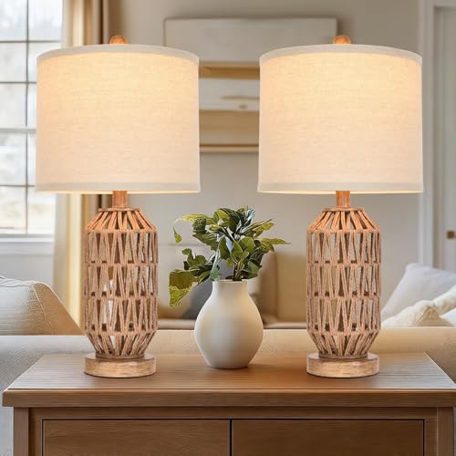 Set of 2 Rattan & Fabric Drum Shade Table Lamps - Boho Coastal Home Decor