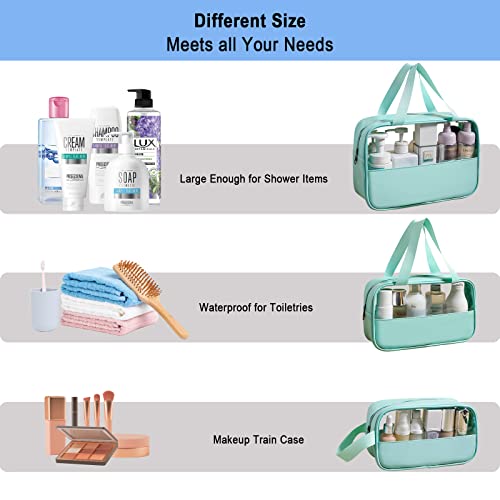 3 Pack/Size Waterproof Travel Toiletry Bag, Clear Cosmetic Makeup Bags PVC and Mint Green PU Splicing, TSA Approved Carry on Pouch, Portable Travel Organizer for Vacation, Bathroom, Airplane