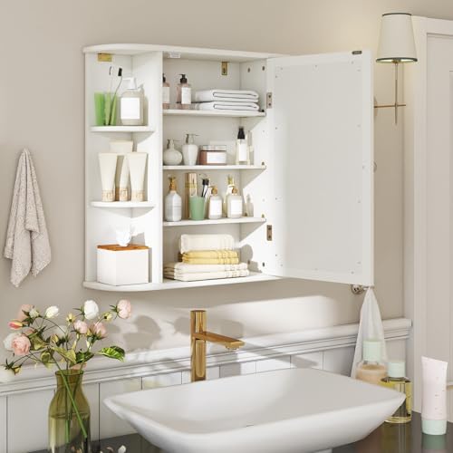 White Bathroom Medicine Cabinet with Mirror, Wall Mounted Storage Organizer, 4 Shelves & 6 Side Shelves