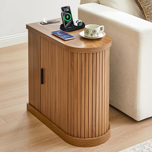 Mid-Century Modern Walnut Narrow End Table with Charging Station - Fluted Design
