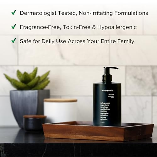 Boldly Basic Fragrance Free Lotion - Moisturizer for Dry and Sensitive Skin - Non Greasy - Unscented - Dermatologist Tested - No Sulfates, Parabens or Gluten - Hypoallergenic & Moisturizing (16 oz)