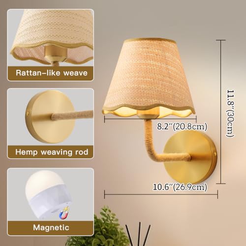 2 Pack Battery Operated Rattan Wall Sconces for Bedroom Living Room – Handcrafted Boho Wall Lights with Remote Control
