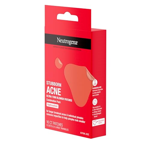 Neutrogena Stubborn Acne Ultra-Thin Blemish Patches, Acne Pimple Patches, Ultra-Thin Hydrocolloid Facial Stickers, Suitable for all Skin-Types, 16 Patches