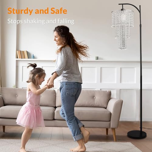 ZECOXOL Crystal Arc Floor Lamp with Remote Control - Dimmable Tall Standing Light with 10 Color Temperatures, 3-Tier Shade, Height Adjustable, Black, Model 11 - Clear / Crystal