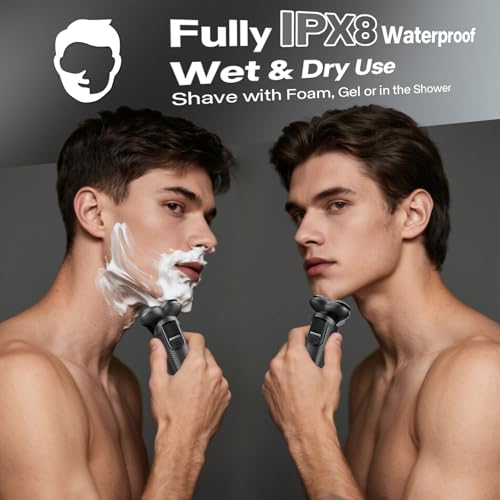 Electric Razor for Men, IPX8 Waterproof with Type-C Quick Charge, 3D Flex Blades & Pop-Up Trimmer, 60min Runtime, Travel Lock, Wet & Dry Shave,Ash Gray