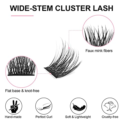 KISSXIAOYA Cluster Lashes Extensions, 144Pcs Individual Cluster Lashes D Curl 14mm, Wide Stem Cluster Eyelashes Soft Natural False Eyelashes Cluster DIY Eyelash Extension At Home (144pcs, 12mm)