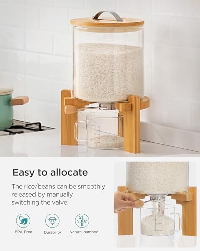 HBlife 5L Glass Rice Dispenser with Wooden Stand, Airtight Bamboo Lid & Measuring Cup