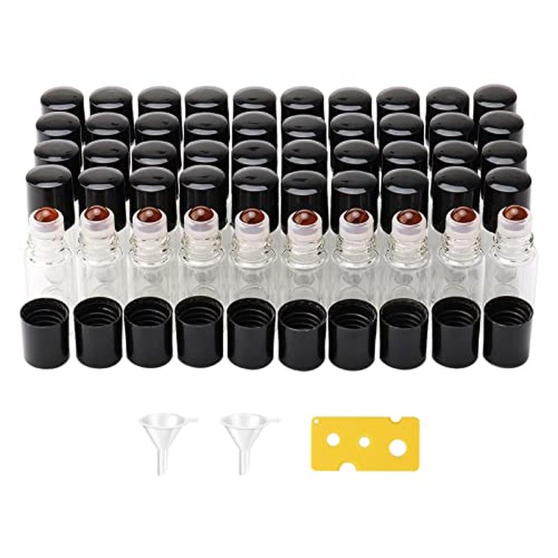 JIUWU 50 Pack, 3 ml Essential Oil Roller Bottles with Orange Glass Roller Ball, Refillable Leak-proof Empty Clear Glass Mini Roll on Bottles with Caps for Perfume, Travel, with 1 Tool 2 Funnels