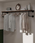 48-Inch Wall Mounted Clothes Rack with Walnut Wood Shelf - Heavy Duty Garment Organizer