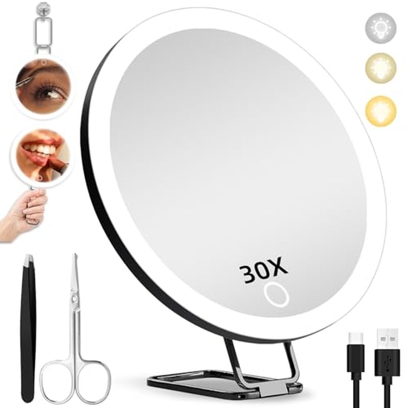 30X Magnifying Mirror with Lights, 6inch Makeup Magnified Mirror 30X Lighted Travel Magnification with 3 Suction Cups and 360¡Æ Adjustable Stand- Includes Tweezers & Scissors