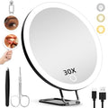 30X Magnifying Mirror with Lights, 6inch Makeup Magnified Mirror 30X Lighted Travel Magnification with 3 Suction Cups and 360¡Æ Adjustable Stand- Includes Tweezers & Scissors