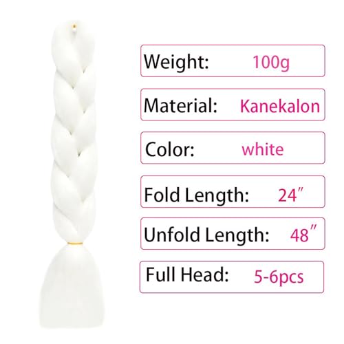 White Glow in the Dark Hair Extensions - 5pcs Pre Stretched Jumbo Braiding Hair for Kids & Women - Variation: White