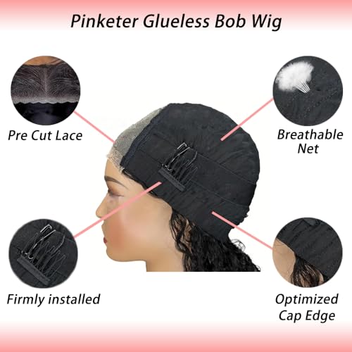 Pinketer 12 Inch Deep Wave Glueless Human Hair Bob Wig - Pre Plucked & Pre Cut, Pinketer Glueless Bob Wig