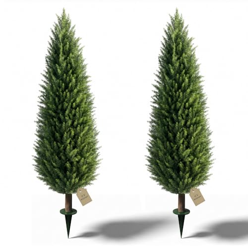 4ft Artificial Cedar Topiary Trees Set of 2 with Ground Spikes - UV Resistant Outdoor Decor, 7in Variation