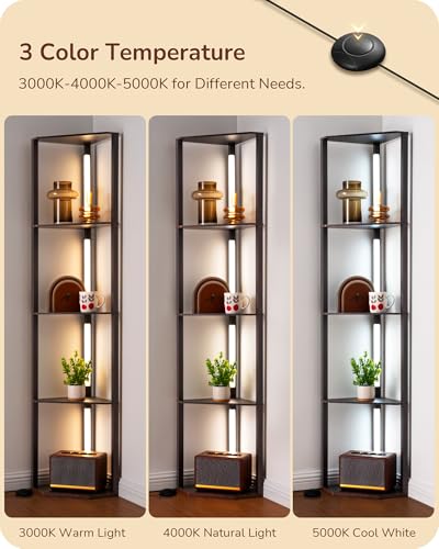 Corner Floor Lamp with Wooden Shelf - Black Walnut 64 Inch Modern LED Lighting