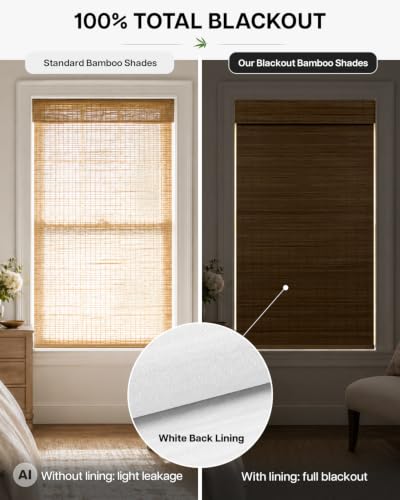 LazBlinds Blackout Bamboo Roman Shades - No Drill Cordless Room Darkening Blinds, 20x48 Inches