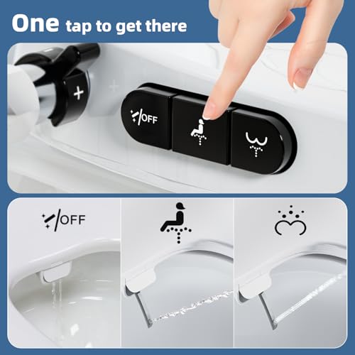 Elongated Bidet Toilet Seat with Soft Close, Button & Knob Control, White, Black Buttons Variation