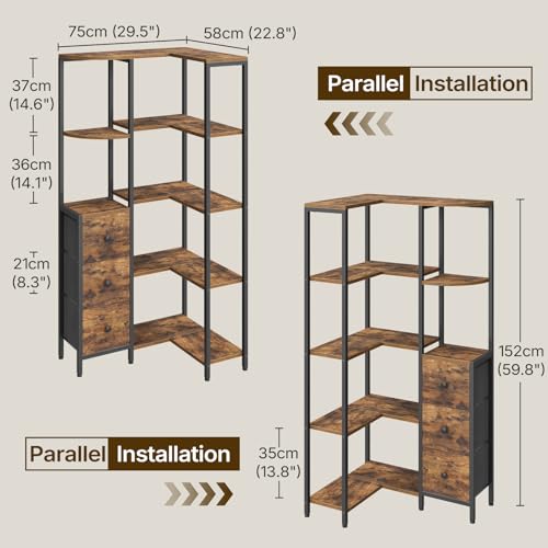 Corner Bookshelf 5-Tier L-Shaped Bookcase with 3 Fabric Drawers - Rustic Brown & Black