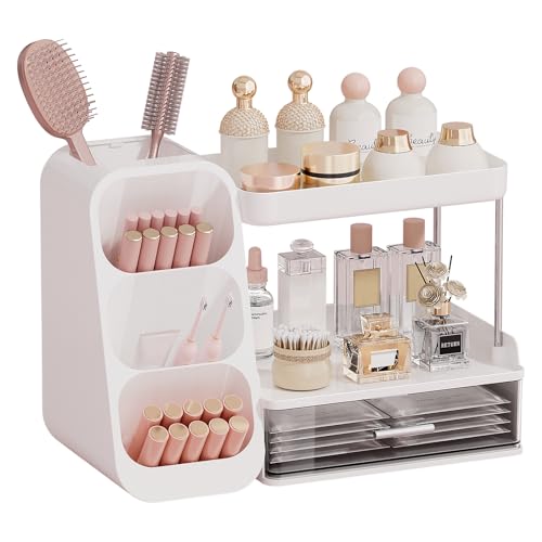 UFORU White Makeup Organizer with Brush Holder, Large Vanity Storage