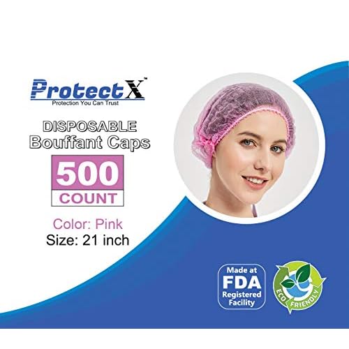 ProtectX 500-Pack Pink Disposable Hair Nets, Elastic Head Cover, Bouffant Caps, Sanitation Head Cover for Food Service, Spa Men & Women - 21 inch
