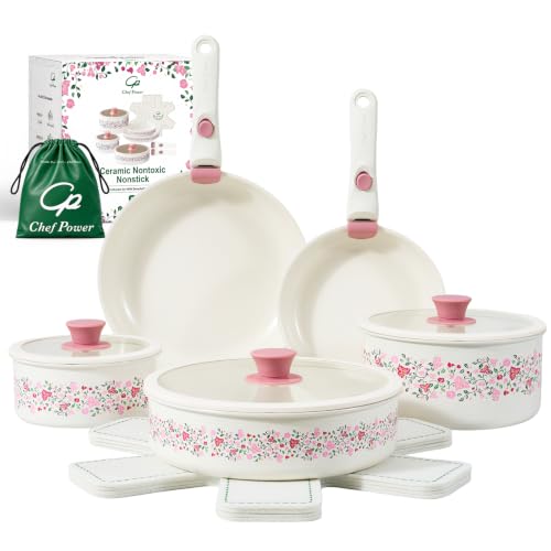 White Ceramic Cookware Set 14Pcs Non-Toxic Detachable Pans and Pots